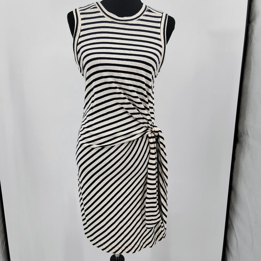 Makk Fashions Womens S Black White Stripe Sleeveless Linen/Cotton Side-Tie Dress